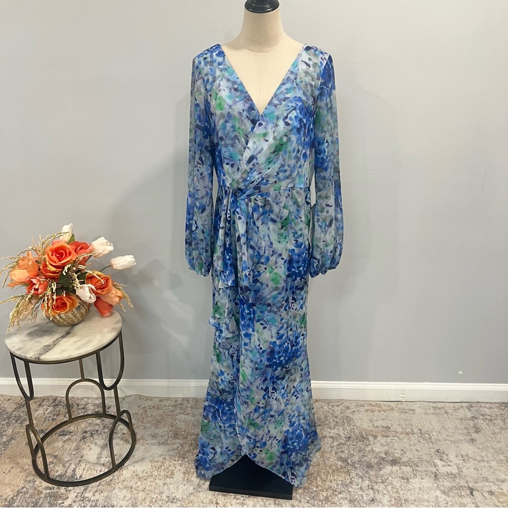 Adrianna Papell Blue Multi Watercolor Printed Long Sleeve Ruffle Maxi Gown